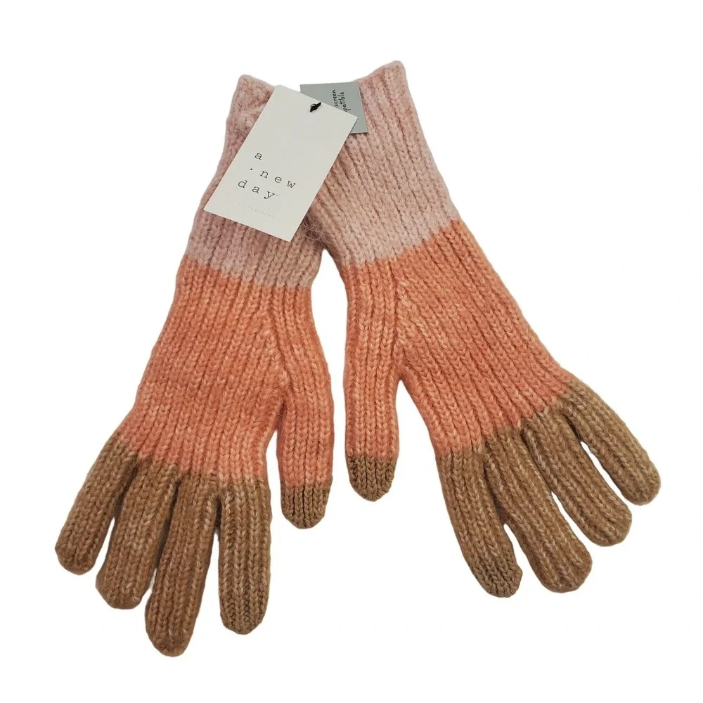 NWT A New Day Womens Knit Gloves Colorblock Pink‎ Brown Touchscreen One Size